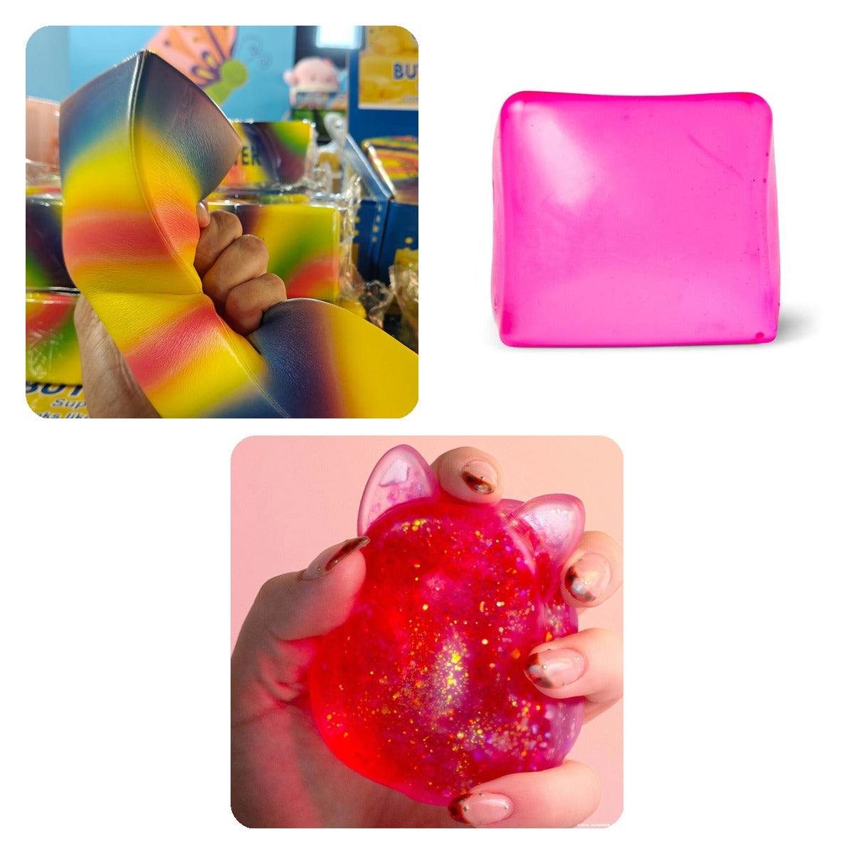 Squishy-pakke med Rainbow Butter XXL, Scrunchems Kæmpe Sugar Kube pink og Gelli Gels rød