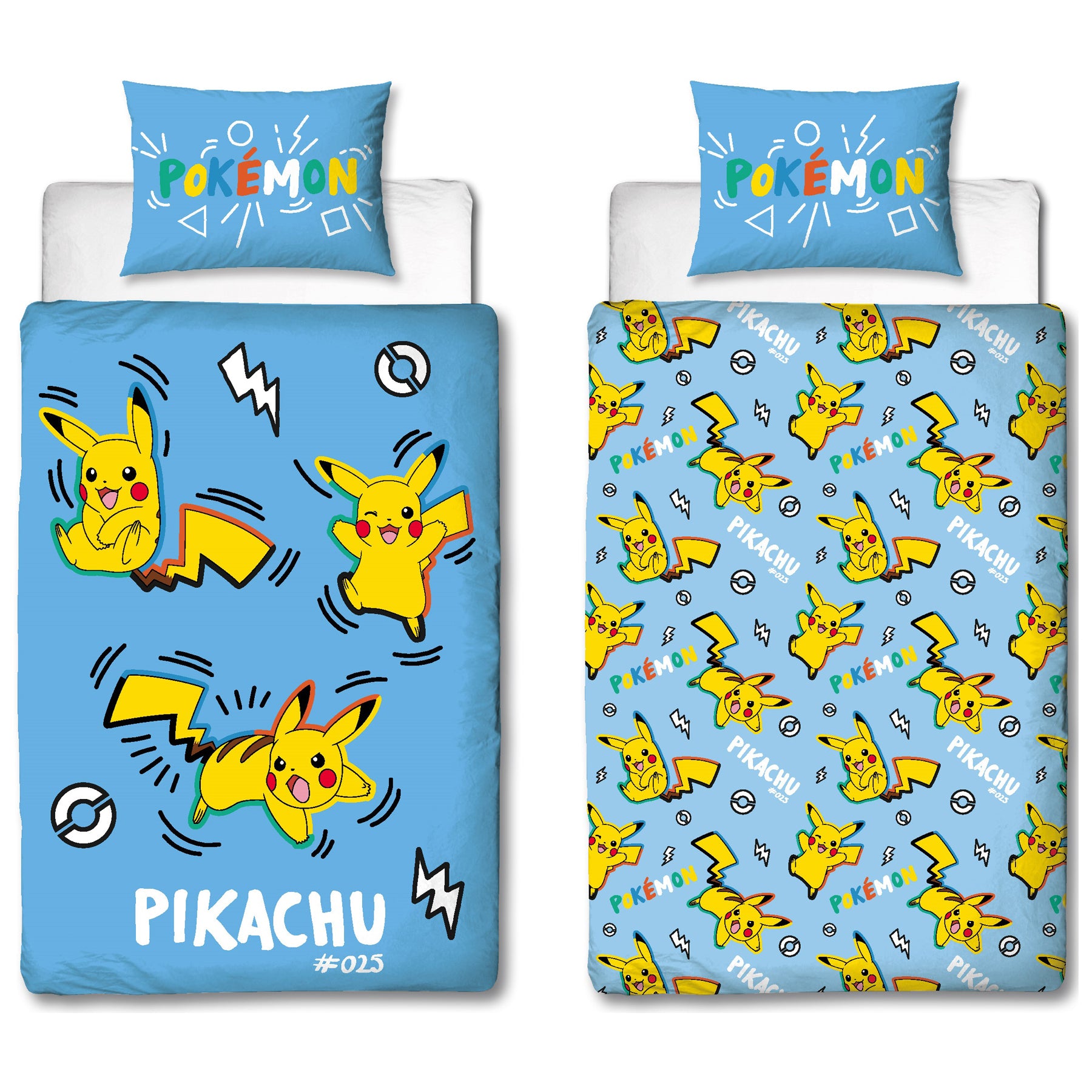 Pokemon vendebar sengetøj med pikachu og lyn.