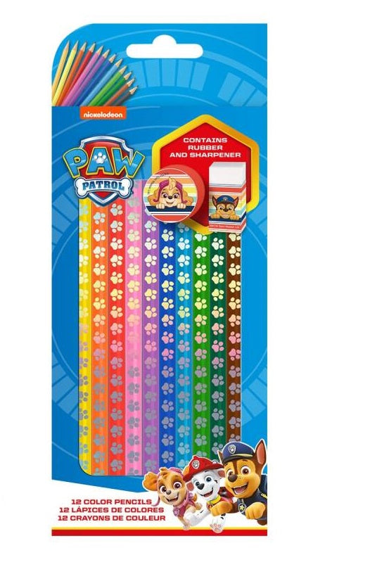 Paw patrol farveblyanter med et viskelæder og blyantspidser.